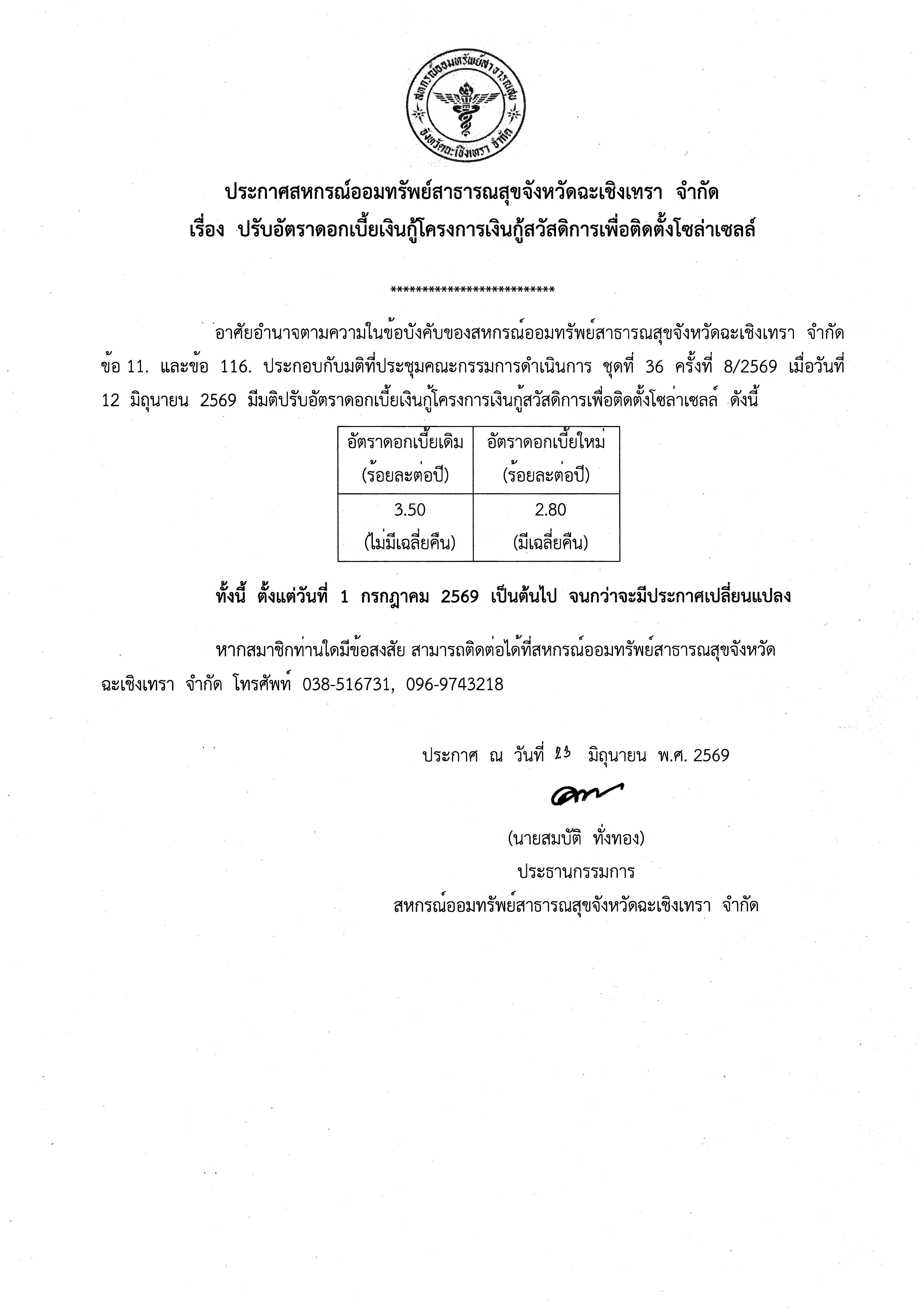 ประกาศสหกรณ์ออมทรัพย์สาธารณสุขจังหวัดฉะเชิงเทรา จำกัด เรื่อง ปรับอัตราดอกเบี้ยเงินกู้โครงการเงินกู้สวัสดิการเพื่อติดตั้งโซล่าเซลล์
