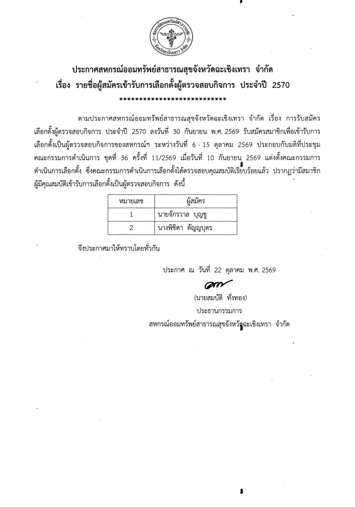 ประกาศรายชื่อผู้สมัครเข้ารับการเลือกตั้ง ประธานกรรมการ, กรรมการดำเนินการสหกรณ์ และผู้ตรวจสอบกิจการ ประจำปี 2570